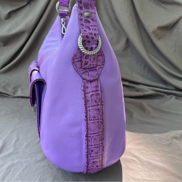 Judith Ripka Purple Leather CROCO Embossed Pewter Wrap Pocket Hobo Shoulder Bag - Picture 4 of 16